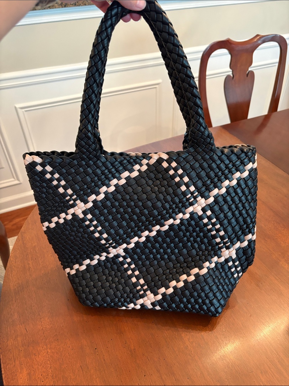 Black Woven Tote Bag with Cream Accents